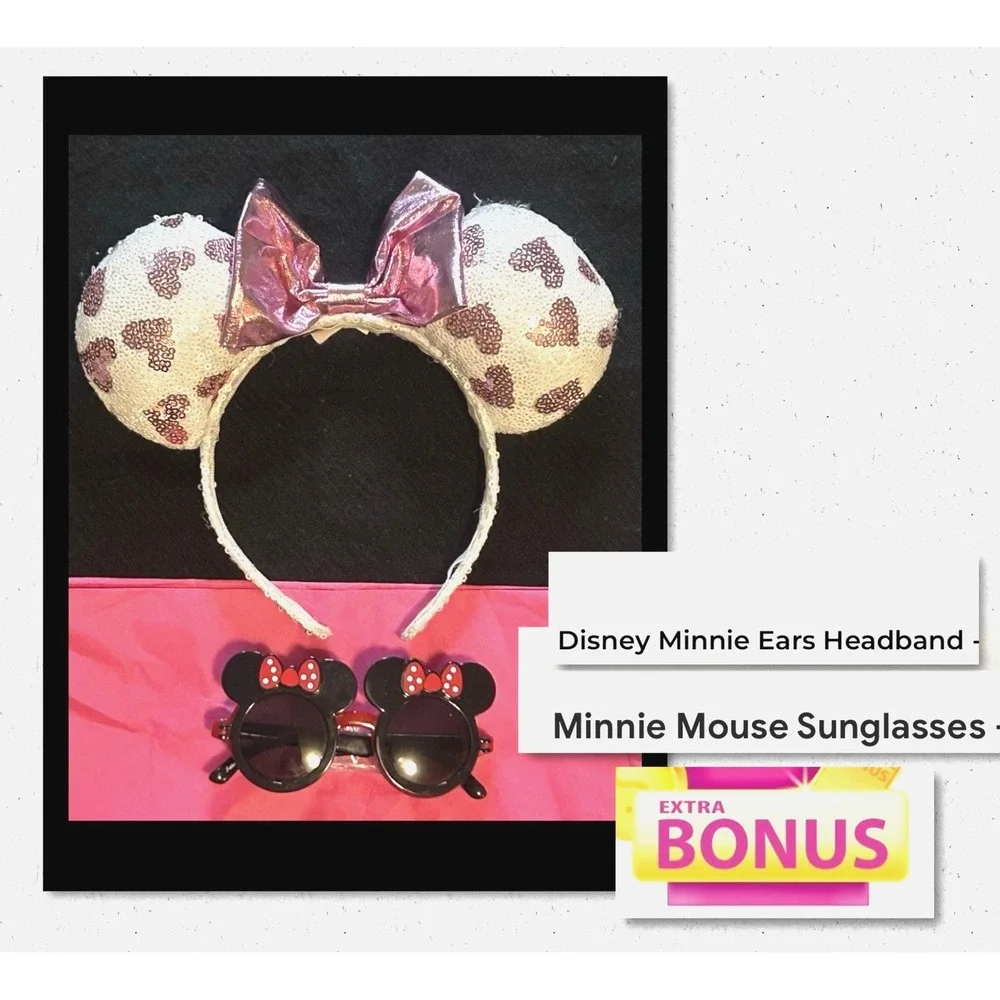Disney Parks Heart Sequin Minnie Mouse Ears Pink Bow Headband + Glasses (Bonus)